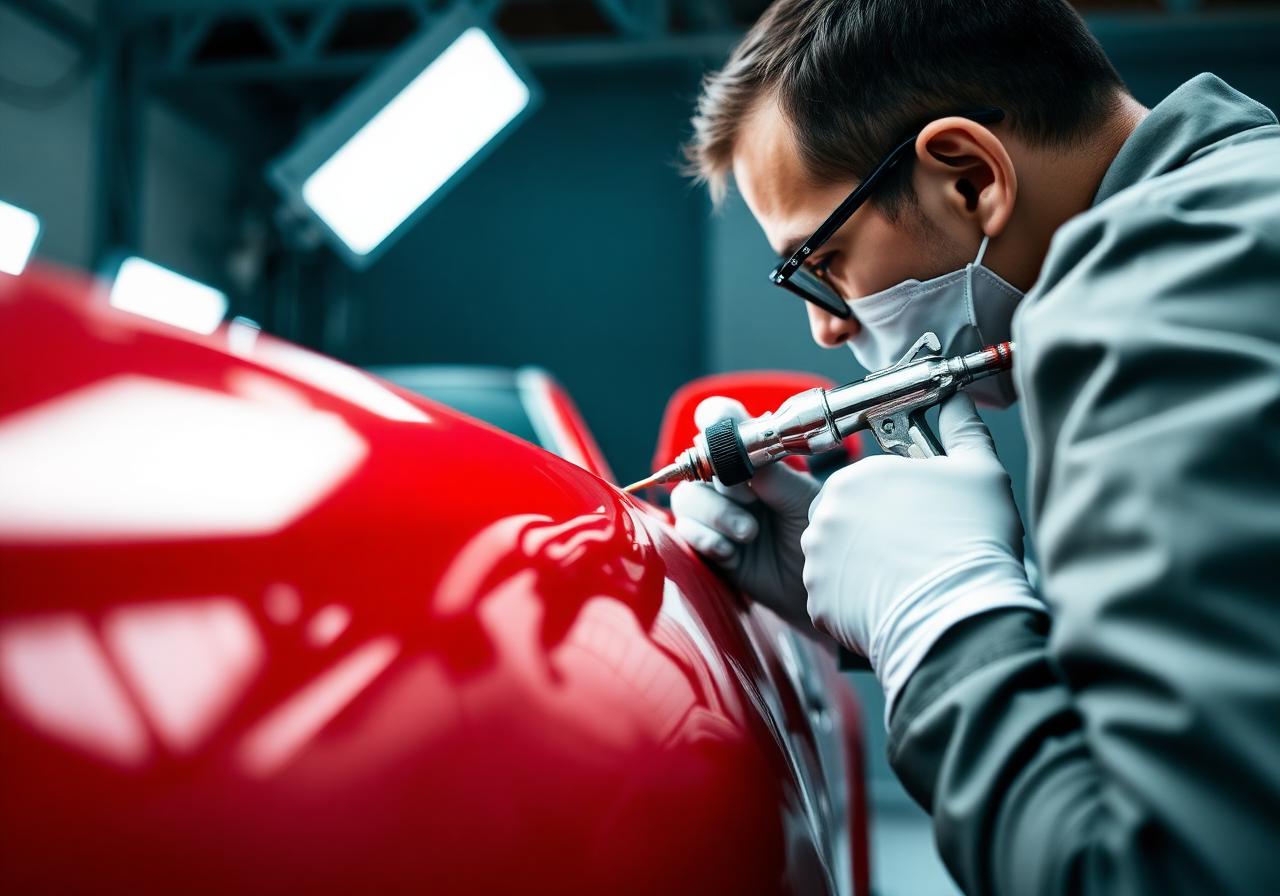 Technician applying glossy red paint to a car panel